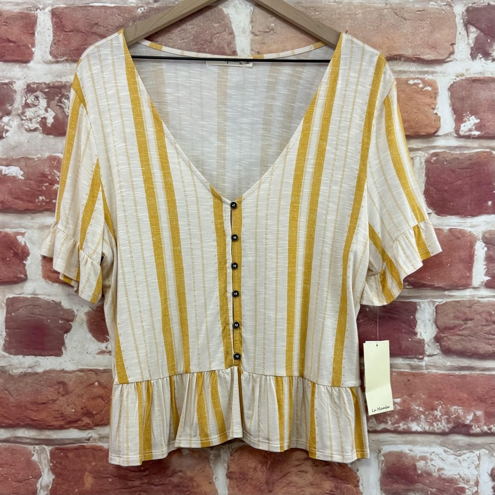 Live To Be Spoiled Top Women's XL Yellow White Striped Ruffle Trim Casual Shirt